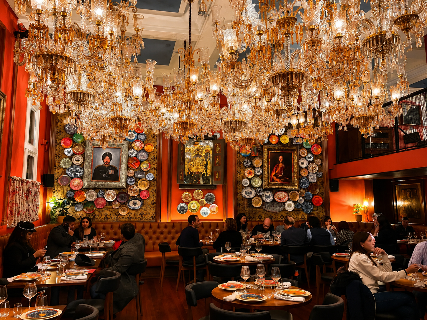 Colonel Saab Indian fine dining London – luxury interior with Firozabad chandeliers at Holborn Hall